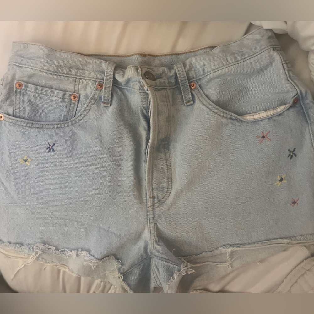 Levi’s 501 Original High Rise Shorts with Frayed Hem & Floral Embroidered